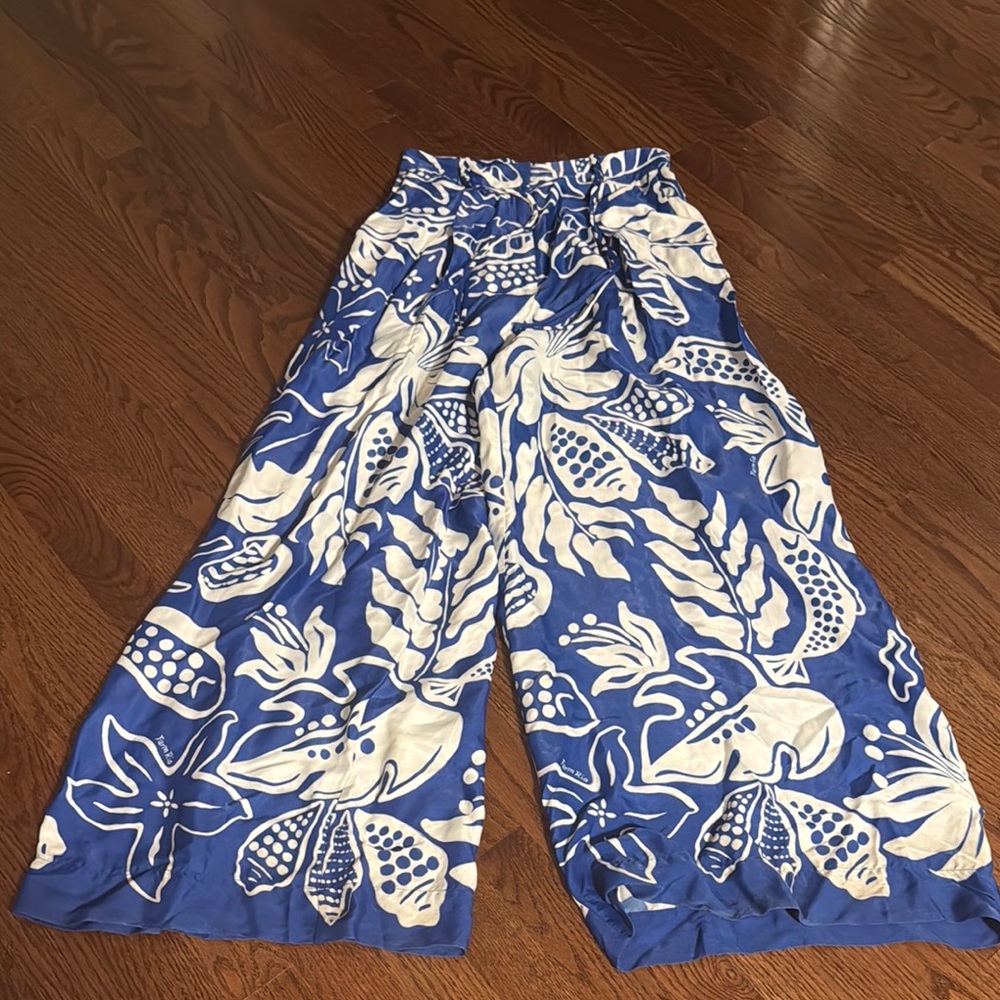 Farm Rio Blue and White Floral Wide-Leg Pants